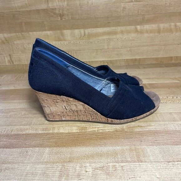 TOMS Womens Size 9 Black Canvas Wedge Peep Toe Heel Sandals 711215 - Picture 1 of 7